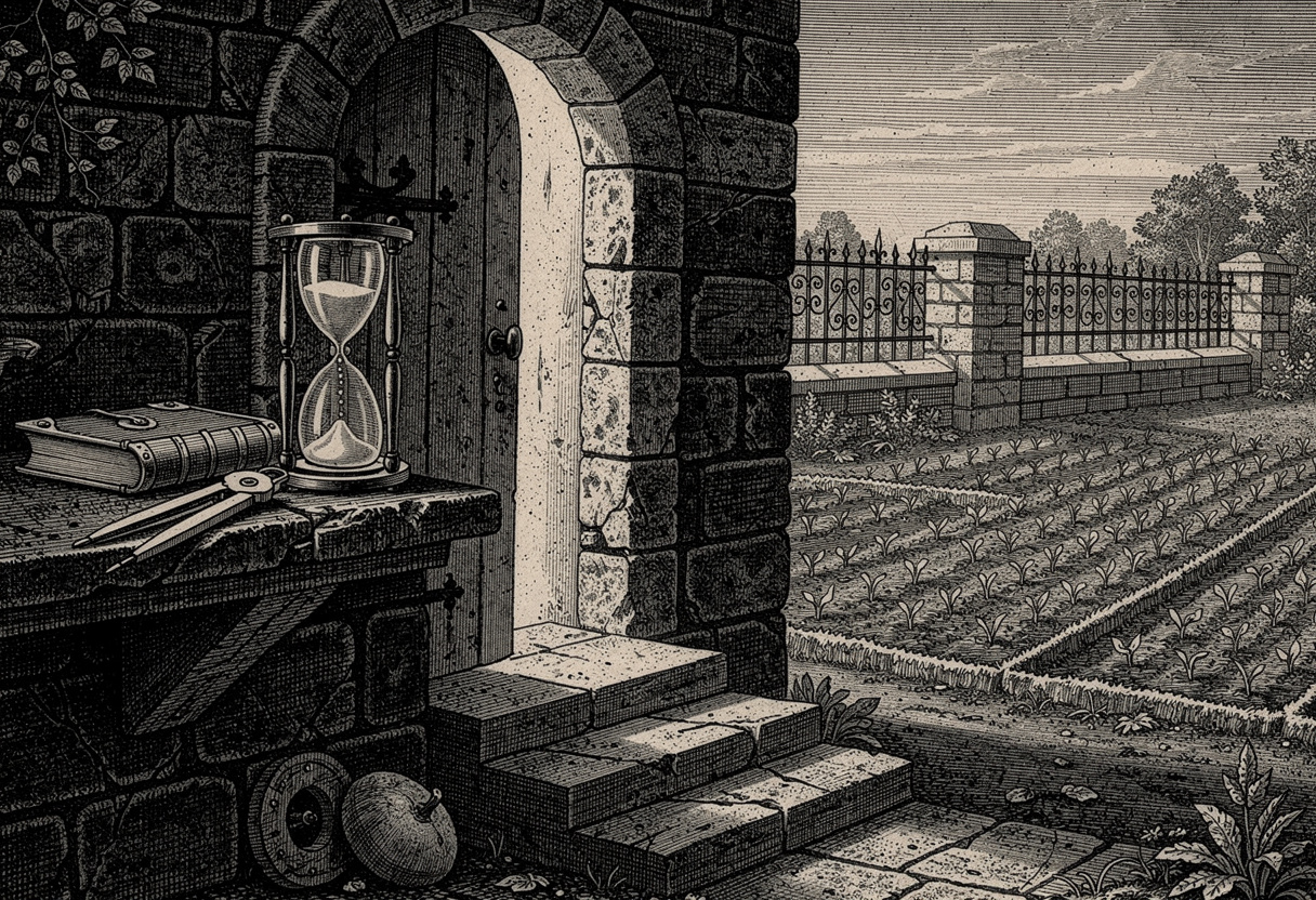 Engraving of a door just beginning to open at dawn beside an hourglass barely started, evoking a matter not yet ripe.