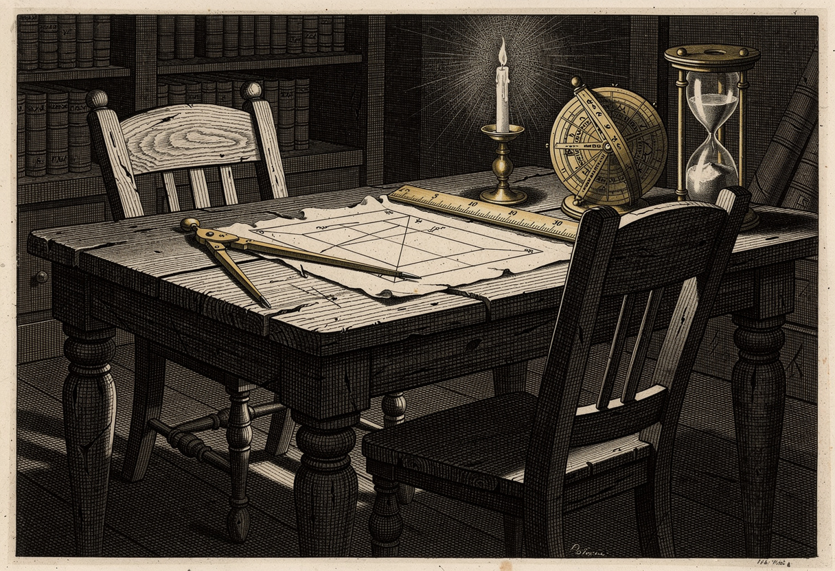 Engraved scene of an astrologer's night table with dividers spanning a graduated scale beside an unfinished square horary figure